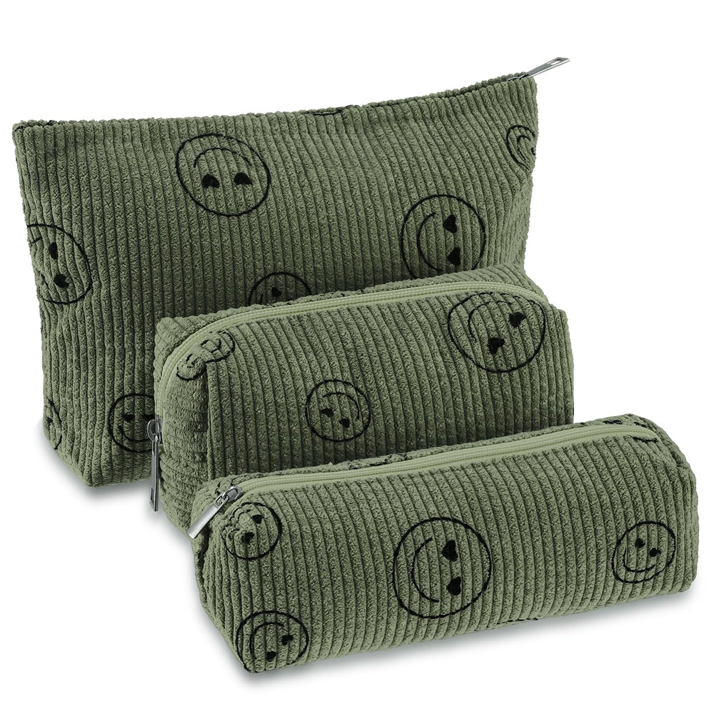 Conjunto Huhumy de 3 bolsas corduroy verde militar con sonrisas, para viaje.