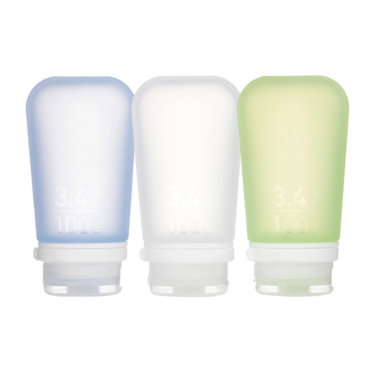 humangear GoToob+ 3-pack en colores claro, verde y azul, ideal para viajes cortos.