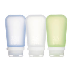 humangear GoToob+ 3-pack en colores claro, verde y azul, ideal para viajes cortos.