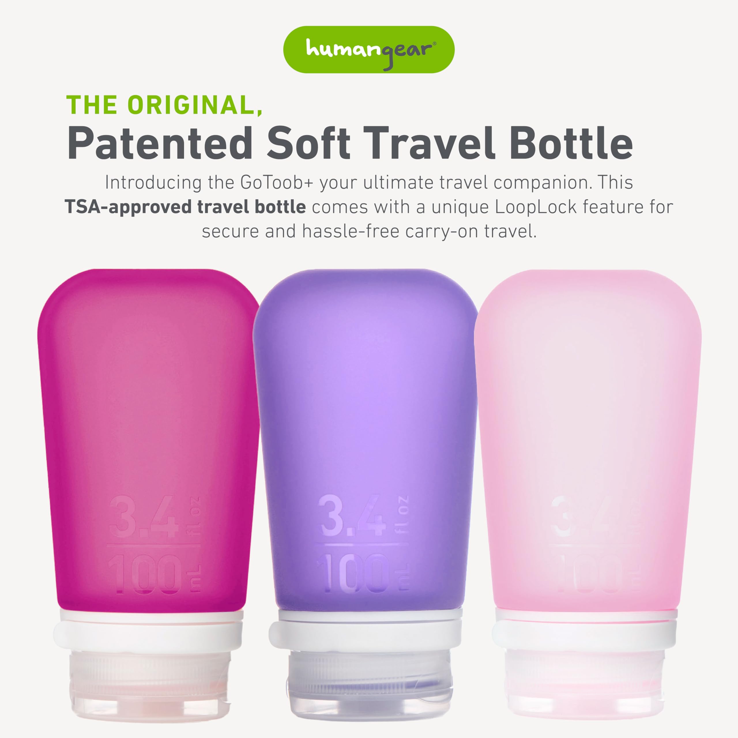 humangear GoToob+ botella lilas para viaje, segura y fácil de rellenar.