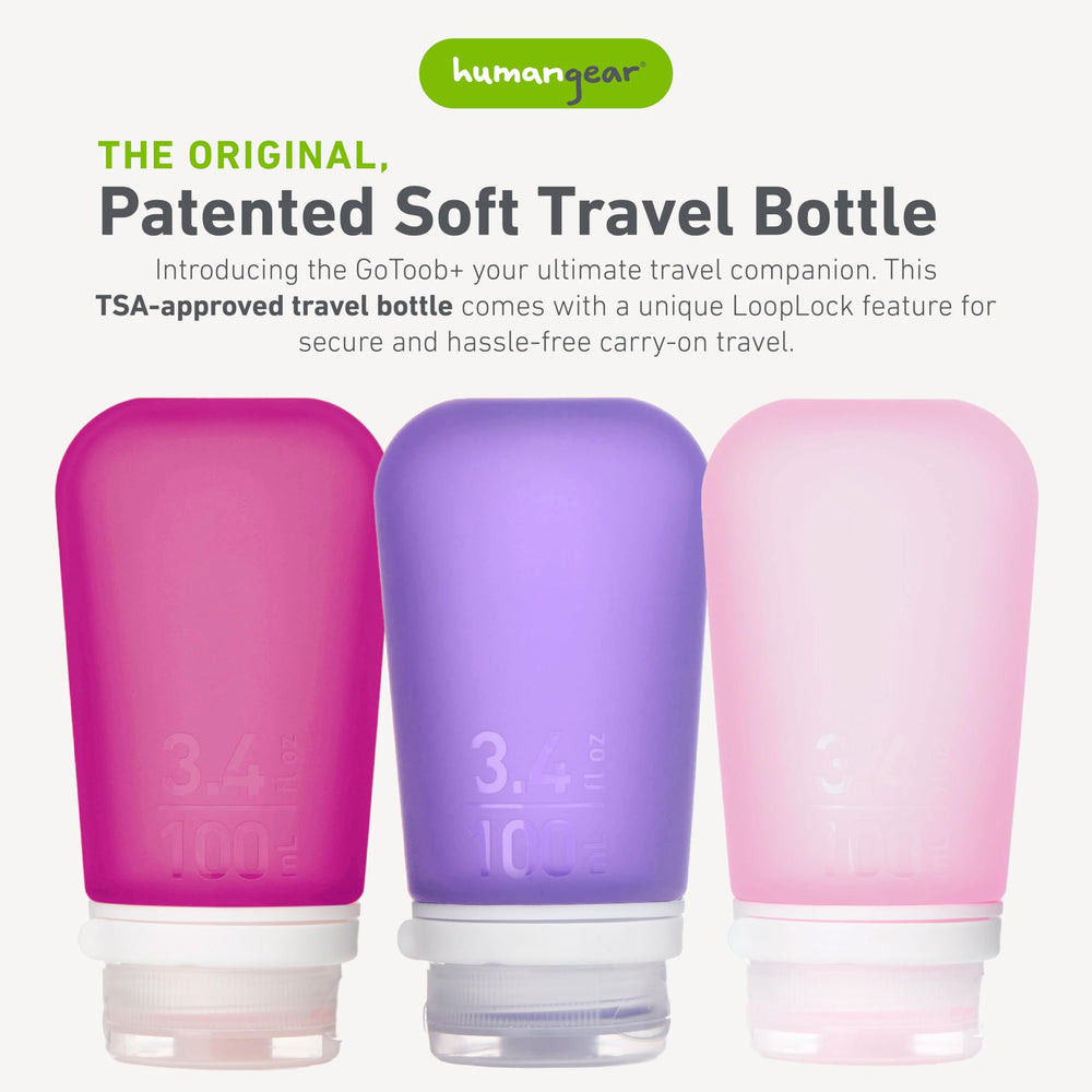 humangear GoToob+ botella lilas para viaje, segura y fácil de rellenar.
