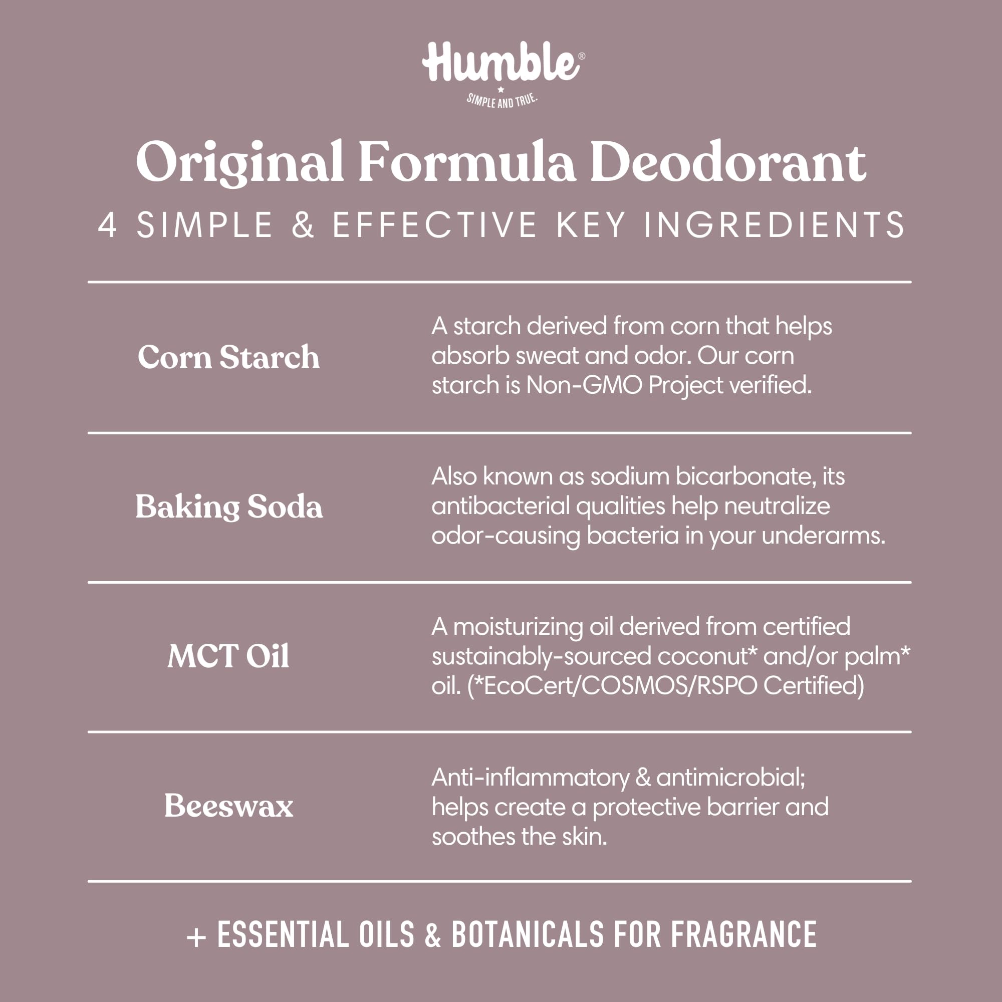 Aroma Patchouli y Copal del Desodorante Humble Brands Original, nota cálida y terrosa.
