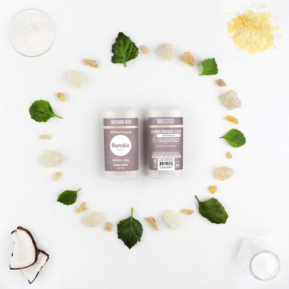 Etiqueta diseño HUMBLE BRANDS Patchouli Copal, estilo limpio y sostenible.