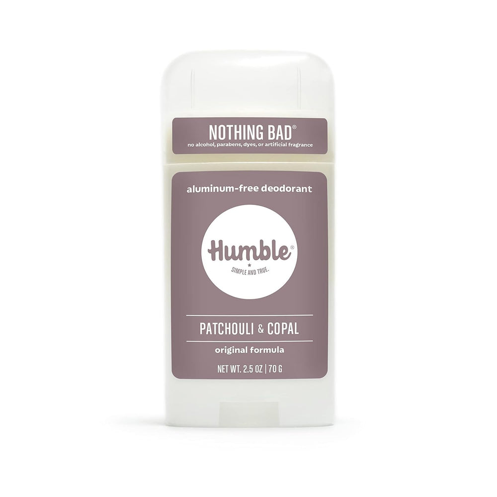 Desodorante HUMBLE BRANDS Patchouli Copal, frente del envase, aroma natural.