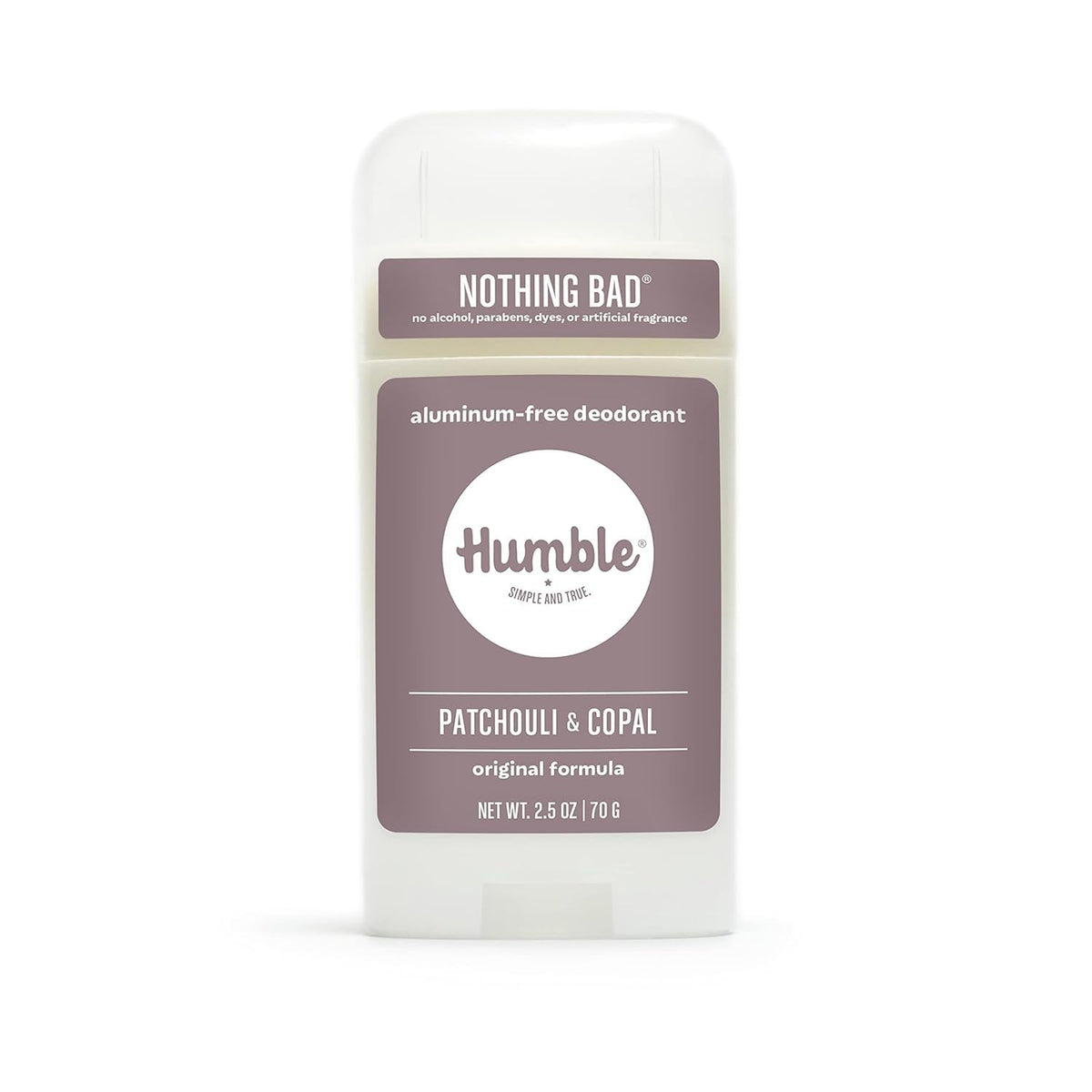Desodorante HUMBLE BRANDS Patchouli Copal, frente del envase, aroma natural.