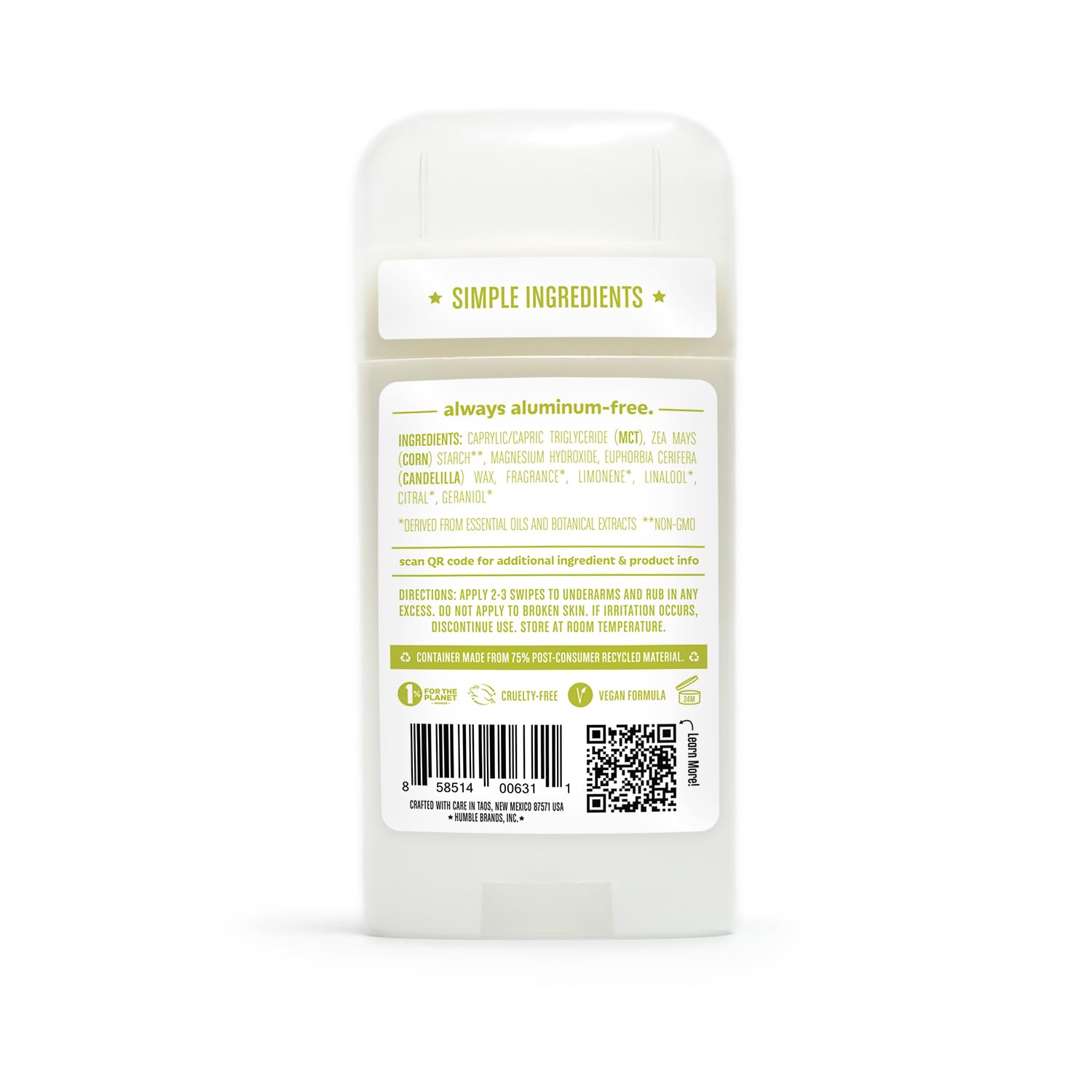 Etiqueta limpia de Humble sin alcohol ni colorantes para piel sensible.