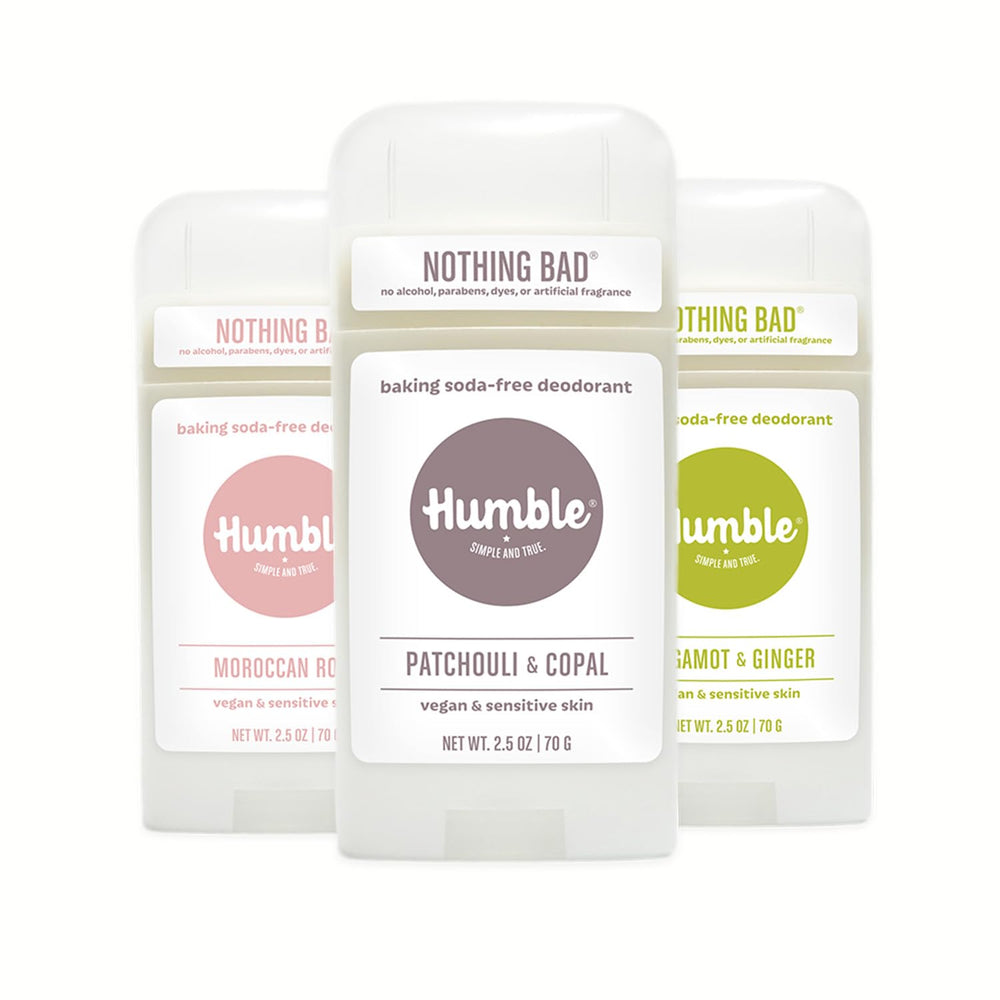 HUMBLE desodorante sin aluminio, envase triple, sensación fresca durante todo el día.