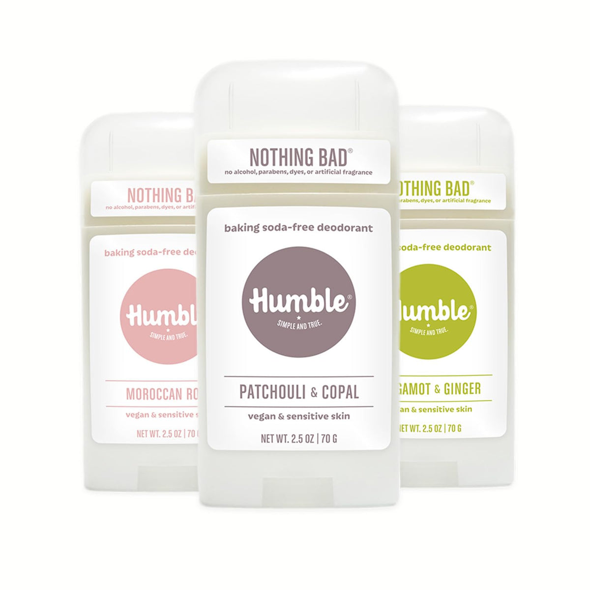 HUMBLE desodorante sin aluminio, envase triple, sensación fresca durante todo el día.