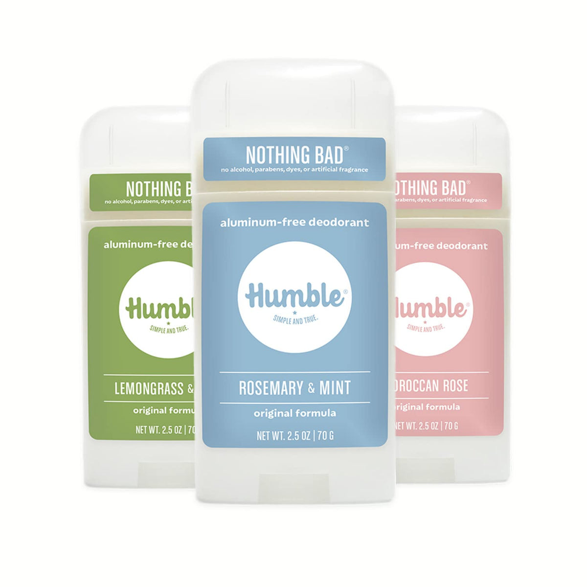 HUMBLE Desodorante en pack de tres sin aluminio para uso diario y fresco.