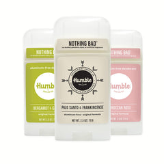Desodorante HUMBLE en frasco de 2,5 oz sin aluminio para piel sensible.