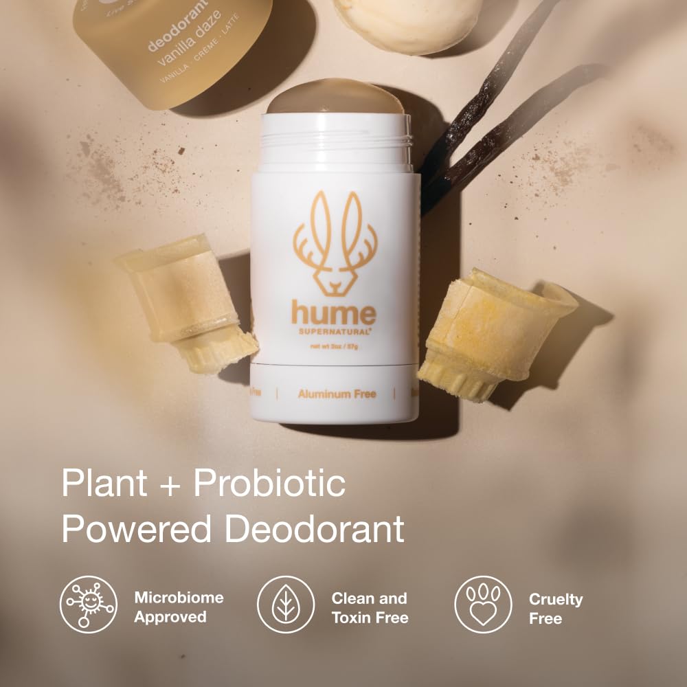 Ingredientes probióticos en Hume Supernatural Vanilla Daze para equilibrio de la piel.