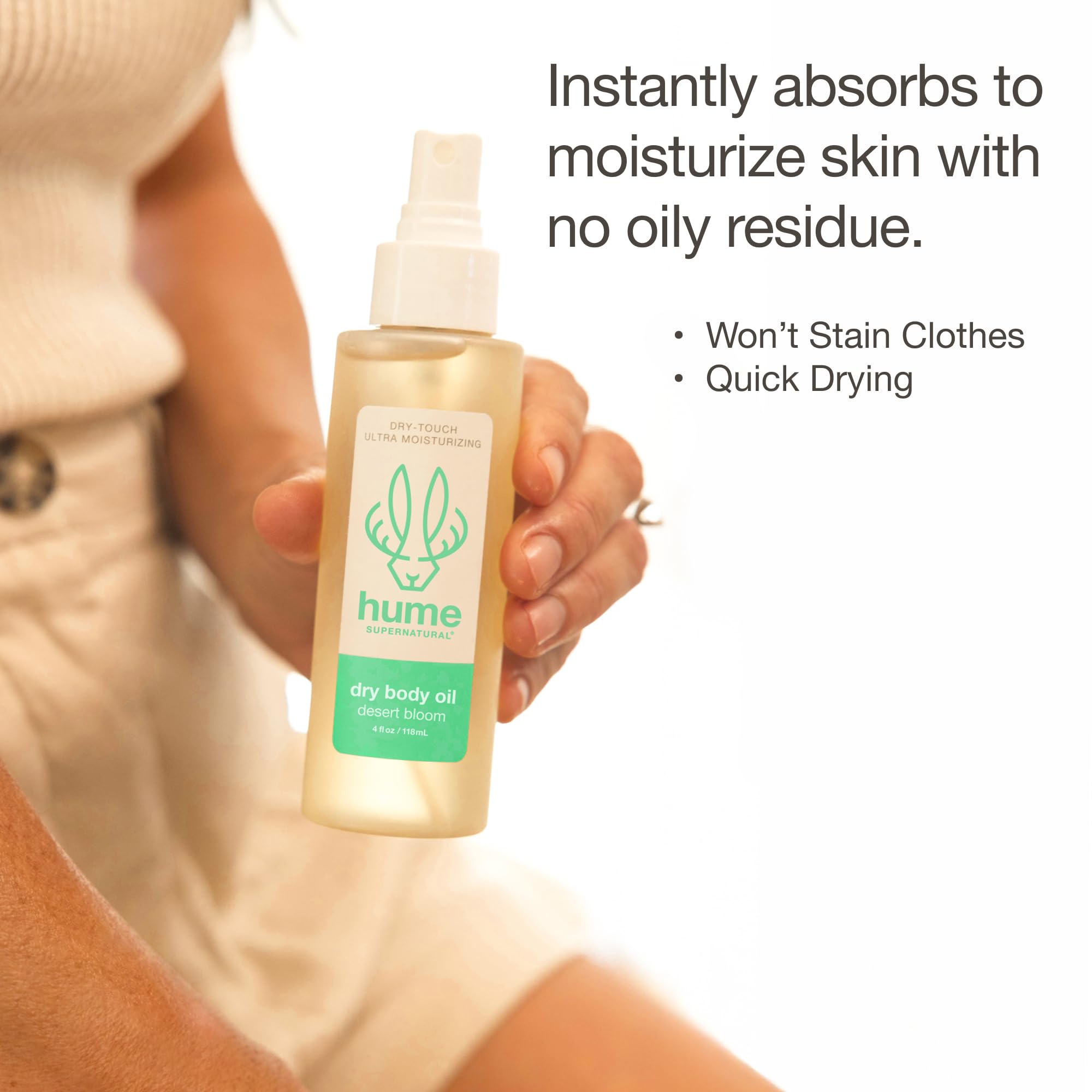 HUME SUPERNATURAL Dry Body Oil Spray demonstrates lightweight texture for non-greasy moisture.