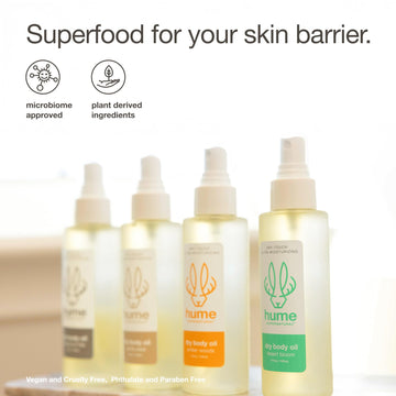 HUME SUPERNATURAL Dry Body Oil Spray is ideal for sensitive skin comfort.