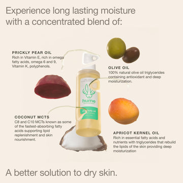 HUME SUPERNATURAL Dry Body Oil Spray displays protective skin barrier support via plant-based nourishment.