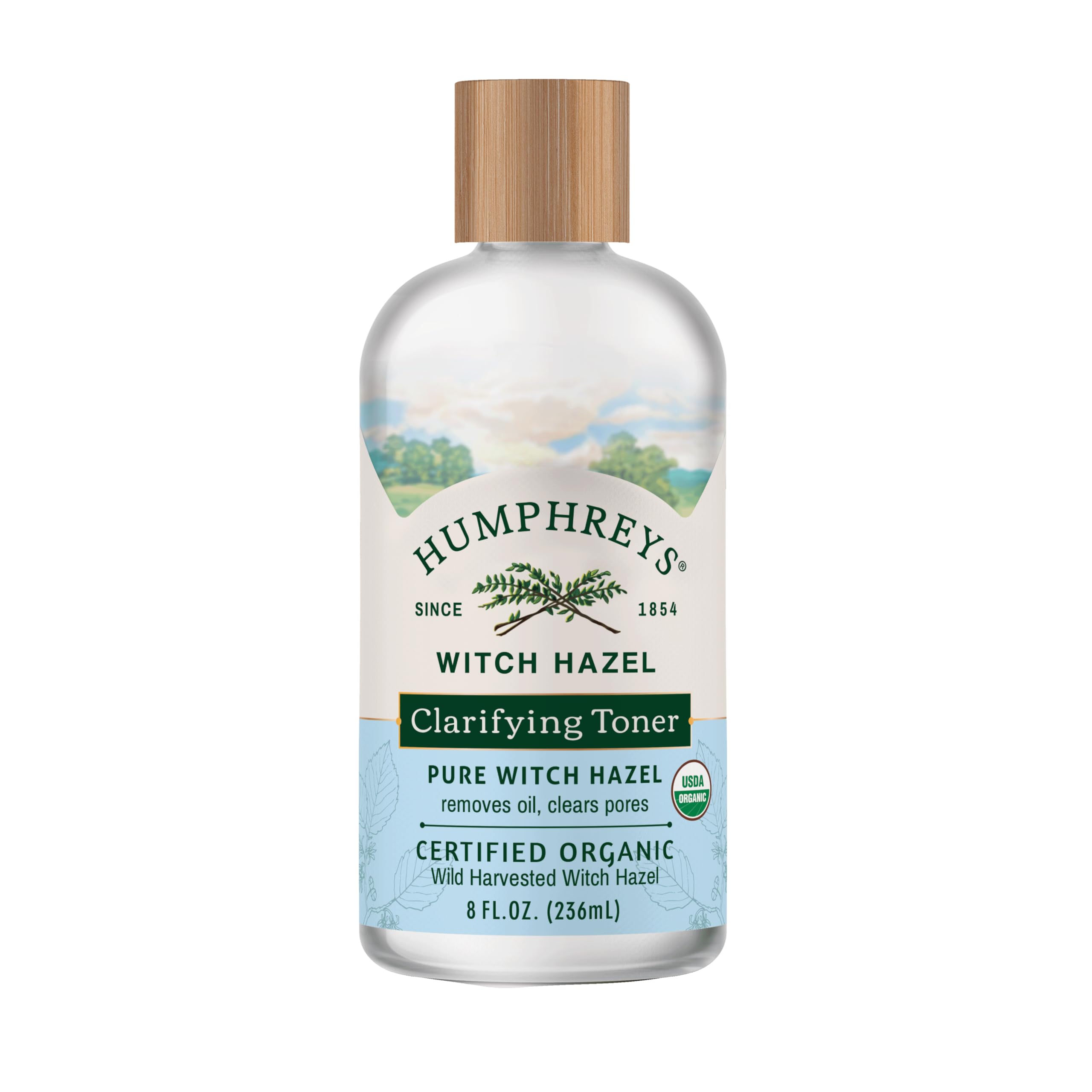 Humphreys Witch Hazel Toner bottle on vanity supports balanced, clarified pores.