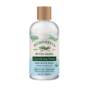 Humphreys Witch Hazel Toner bottle on vanity supports balanced, clarified pores.