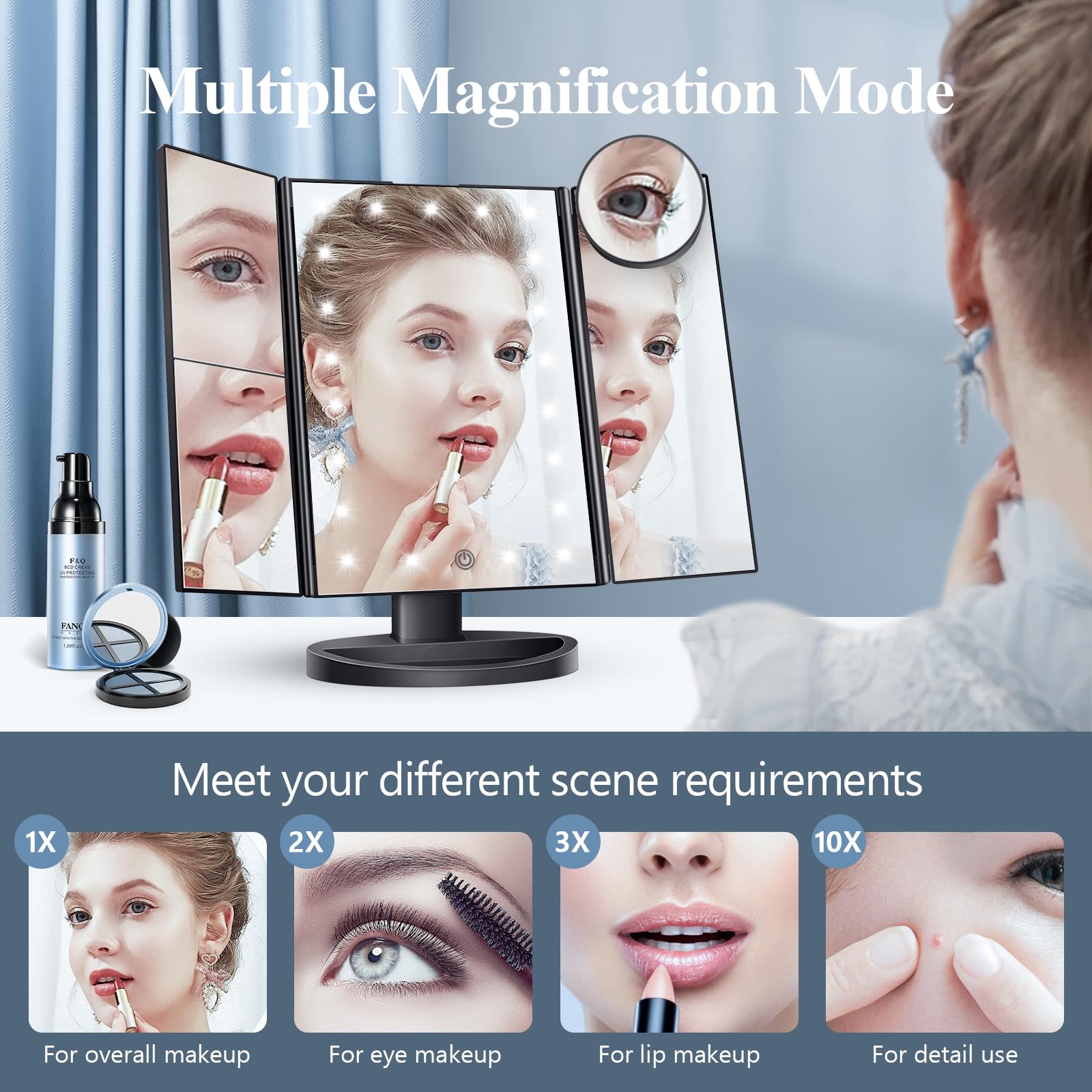 HUONUL espejo maquillaje 2x ampliación ideal para bases y correcciones rápidas.