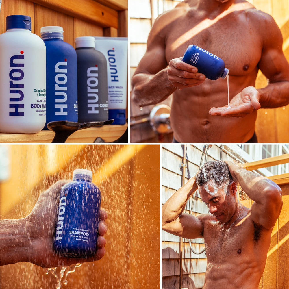 Envase de 12 oz de champú Huron, libre de sulfatos y crueldad.