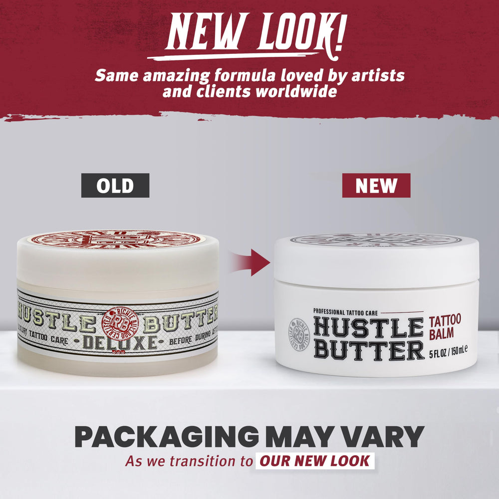 Hustle Butter Deluxe aplicacion suave para tatuajes, facilita la lubricacion durante la sesion.