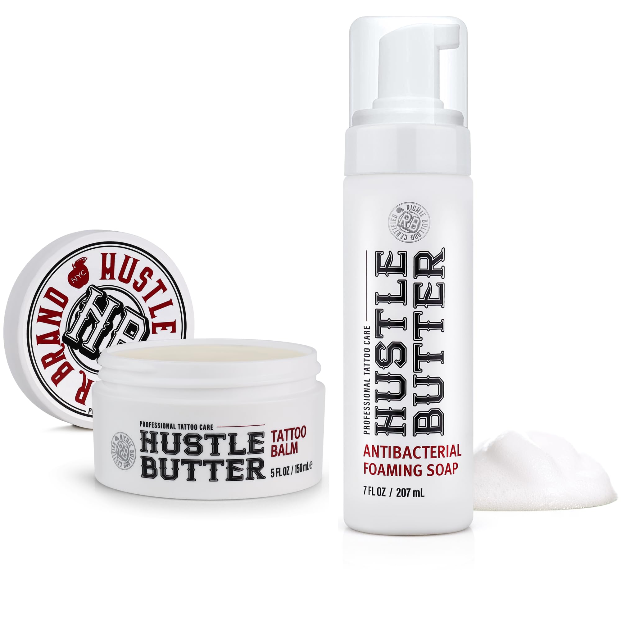 Hustle Butter Deluxe jabón tatuaje burbujas en envase para cuidado durante la curación.