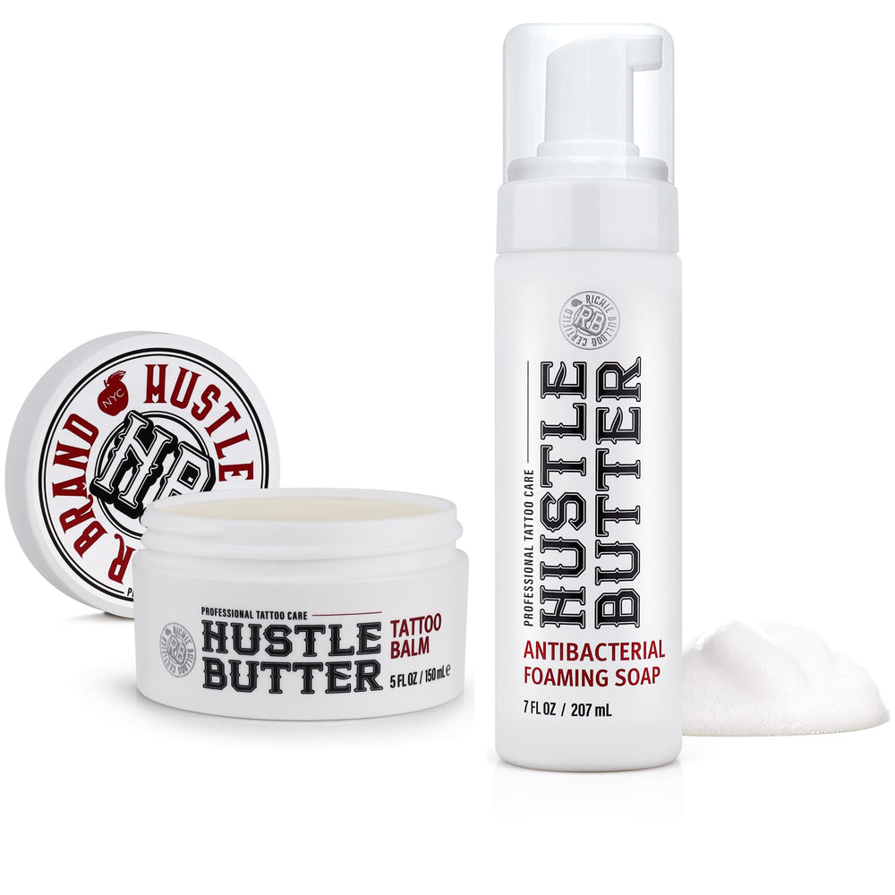 Hustle Butter Deluxe jabón tatuaje burbujas en envase para cuidado durante la curación.