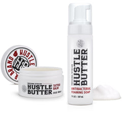 Hustle Butter Deluxe jabón tatuaje burbujas en envase para cuidado durante la curación.