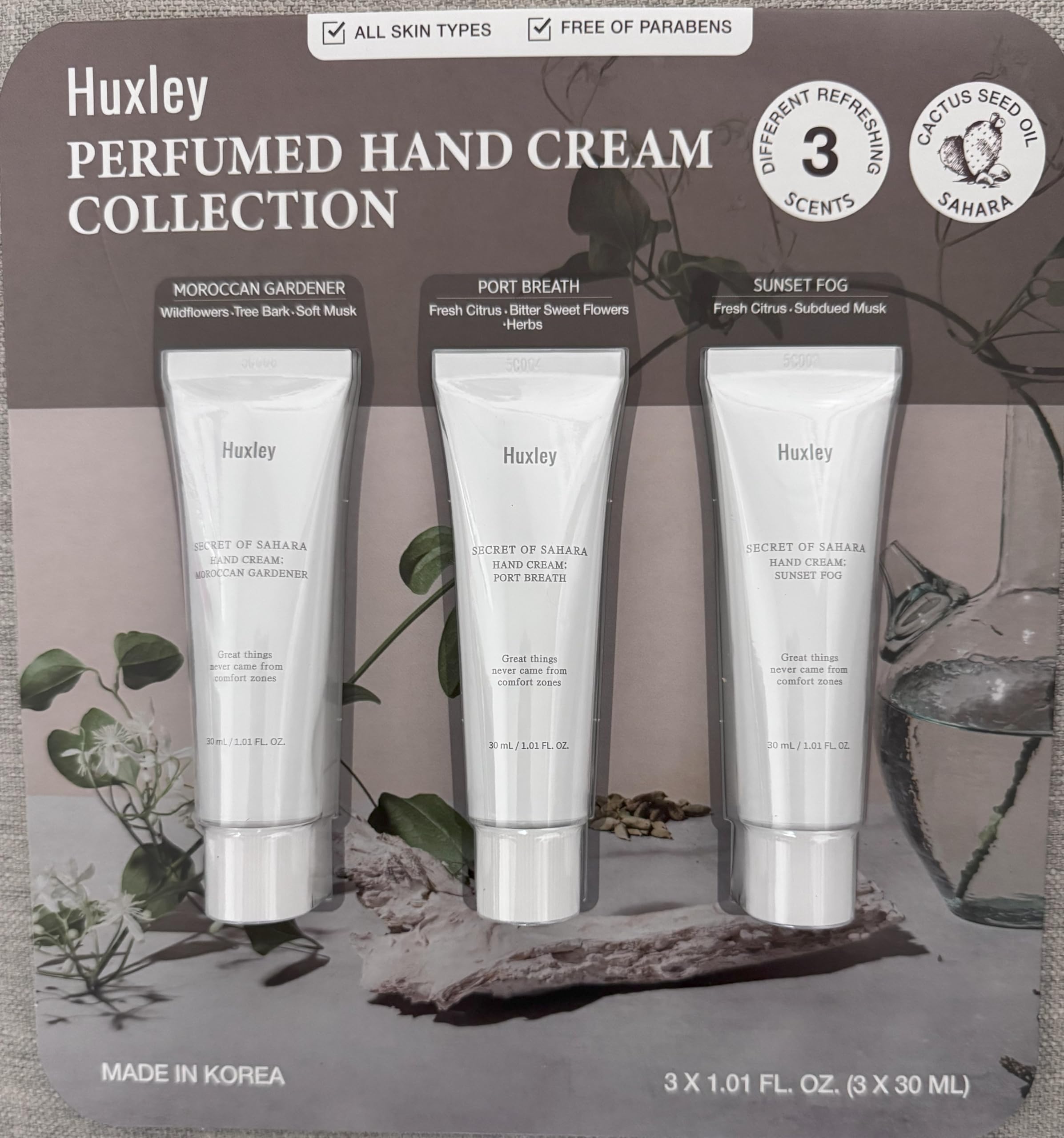 Conjunto de cremas de manos Huxley con tres tubos para hidratación suave durante el día