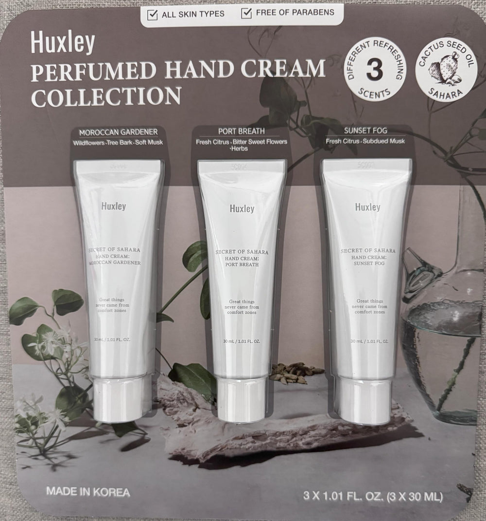 Conjunto de cremas de manos Huxley con tres tubos para hidratación suave durante el día