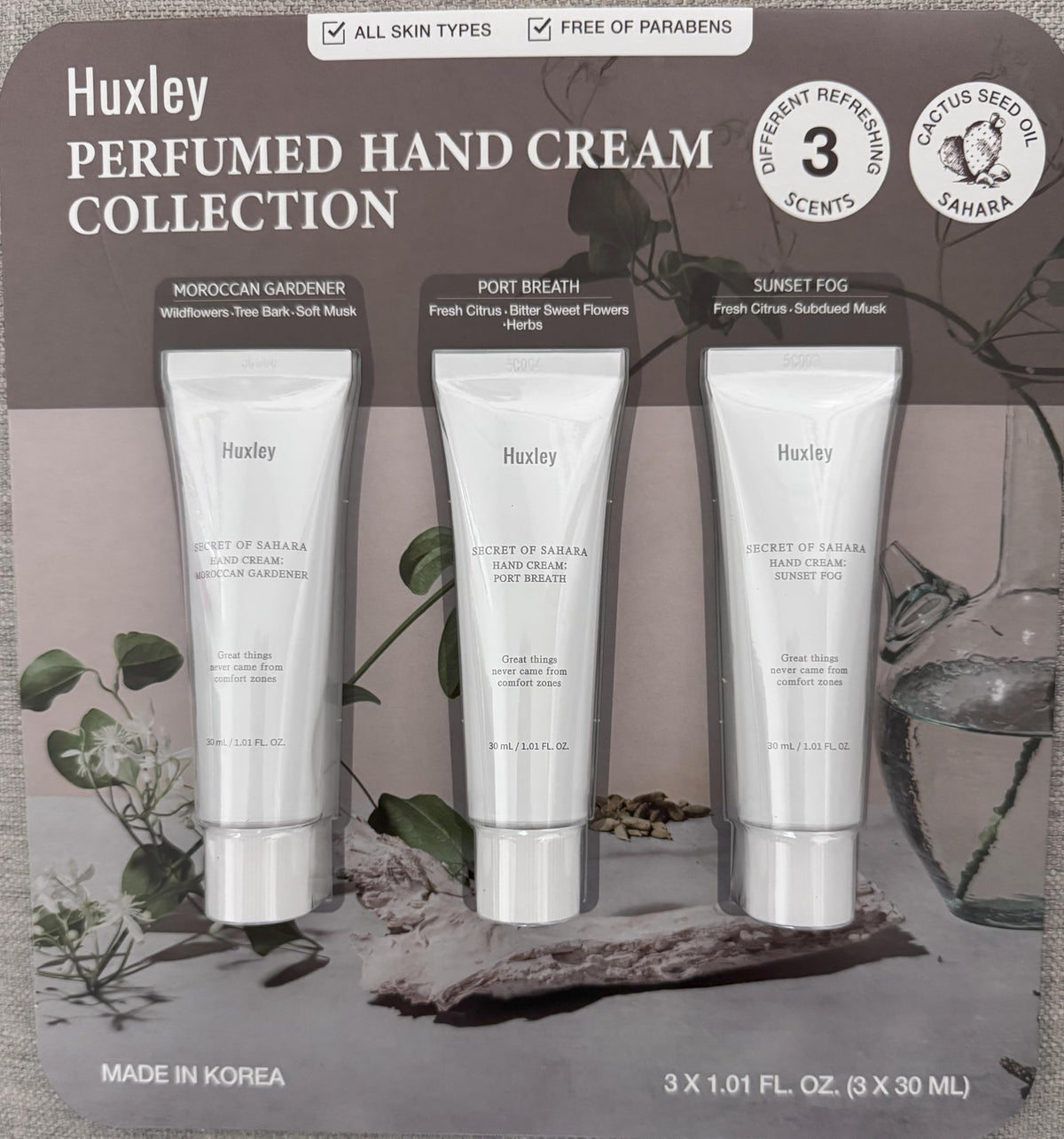 Conjunto de cremas de manos Huxley con tres tubos para hidratación suave durante el día