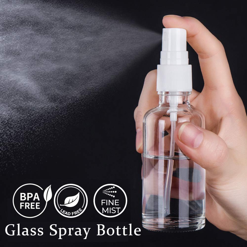 Hydior botellas de vidrio dos onzas con atomizador blanco, perfectas para aromaterapia.