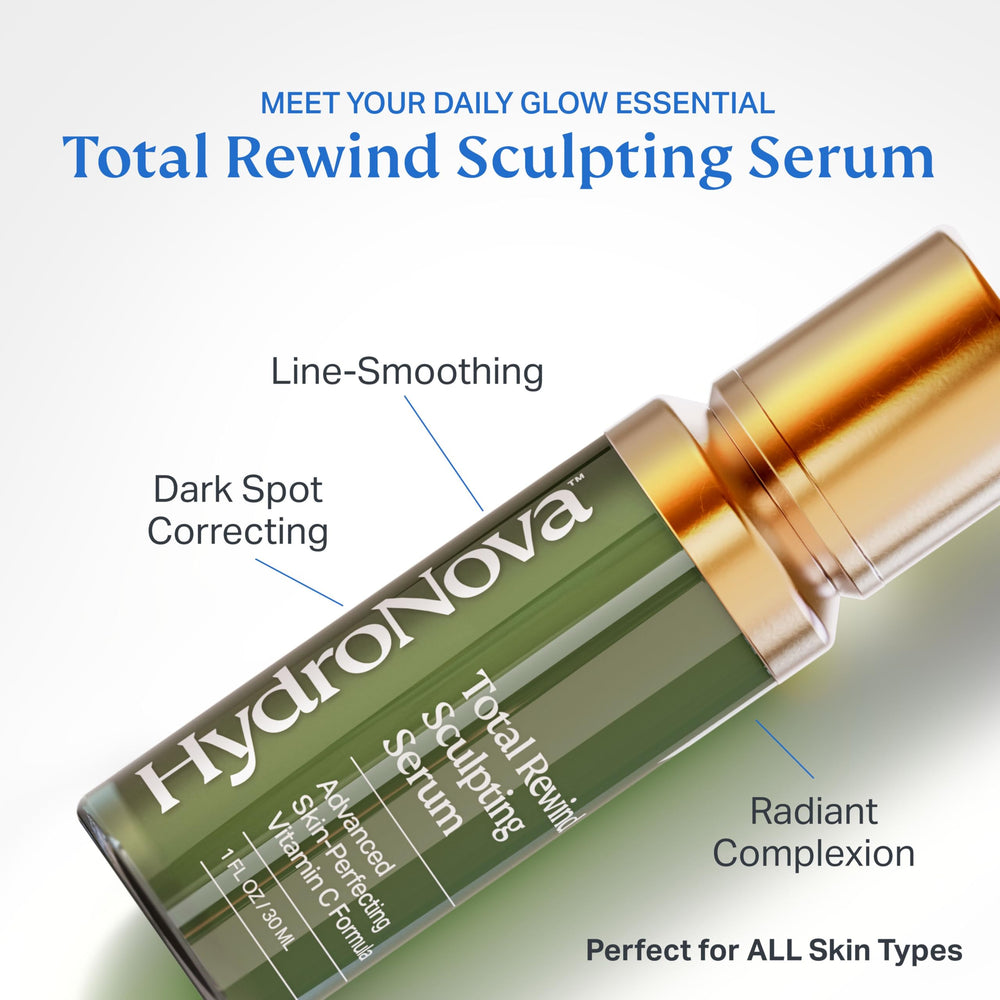 HYDRONOVA Total Rewind Serum, botella primer plano, acción suave para manchas y textura más lisa