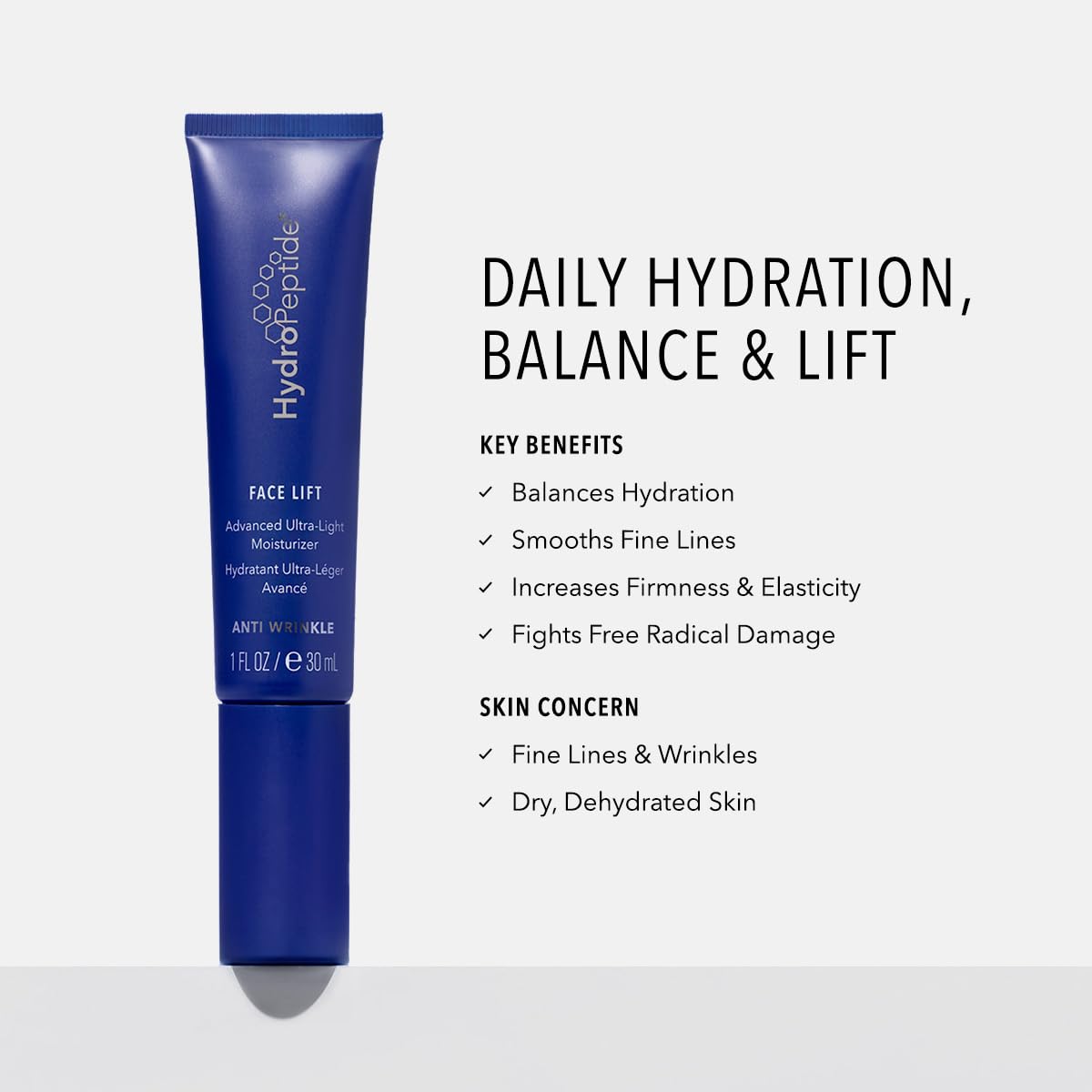 HydroPeptide Face Lift envase 1oz para uso diario, práctico