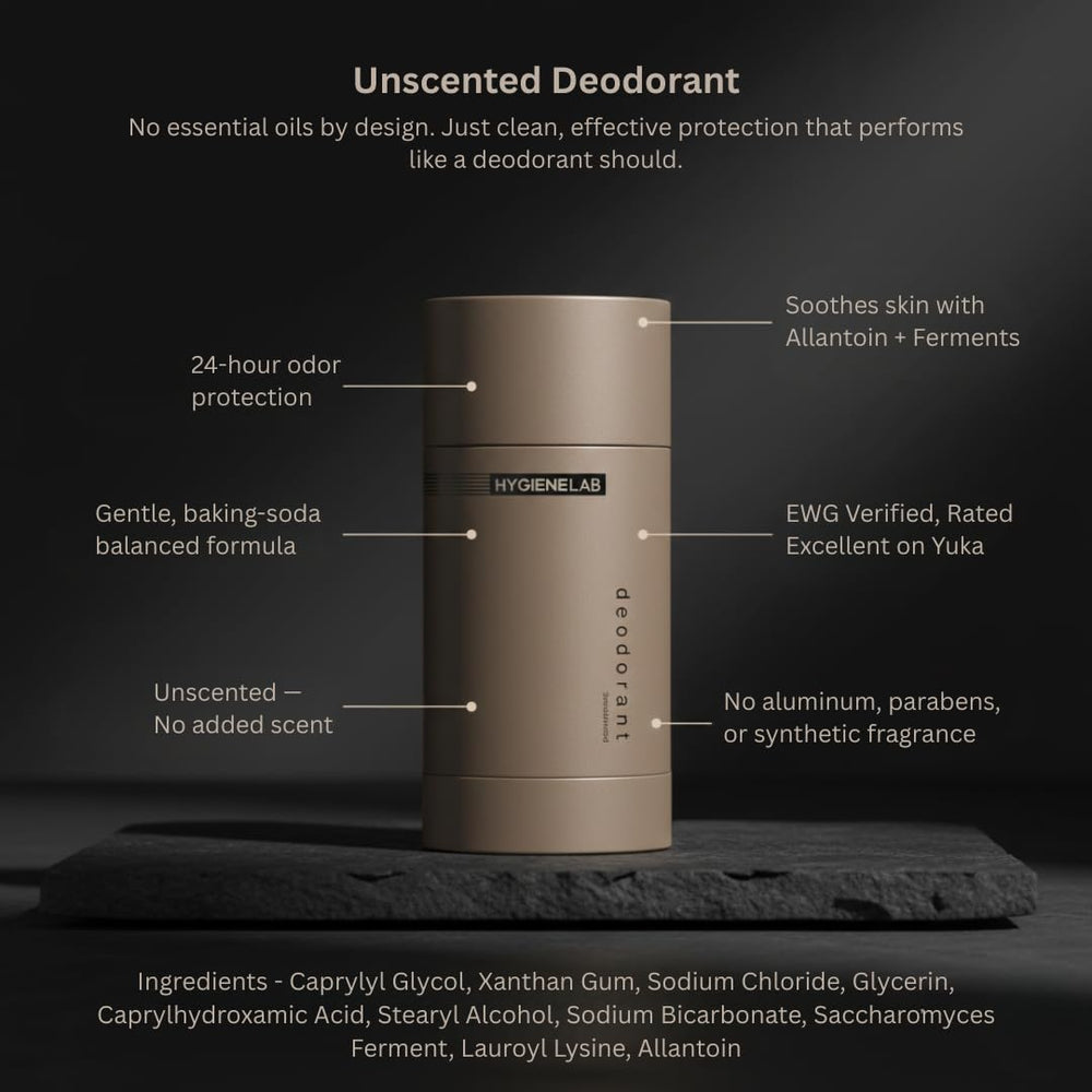 HygieneLab Desodorante sin fragancia con aplicador suave para aplicación cómoda.