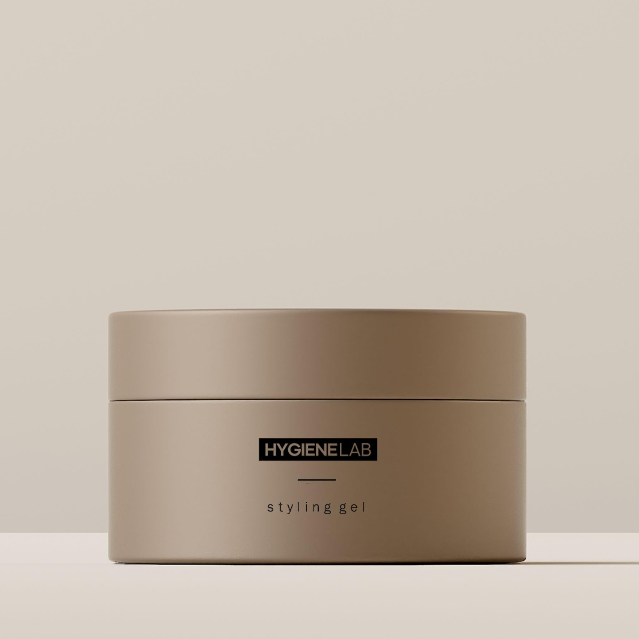 HygieneLab Men's Hair Gel bottle with strong hold for a natural matte look.