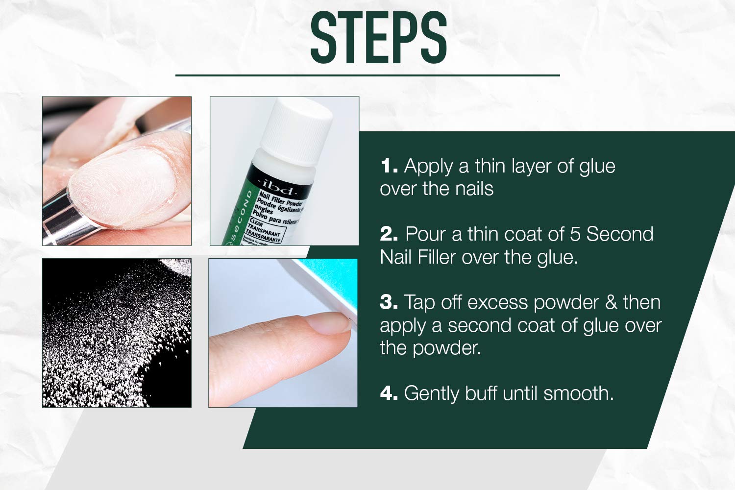 IBD 5 Second Nail Filler Powder after-use look with smooth, polished finish.