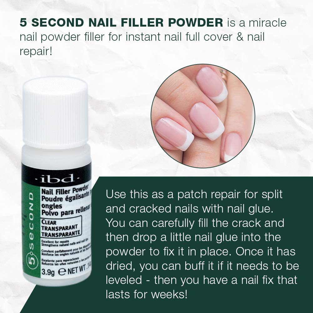 IBD 5 Second Nail Filler Powder application close-up demonstrates easy sprinkle-on technique.
