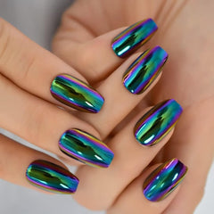 iBeautying uñas postizas con efecto espejo cromado verde y morado para estilos llamativos