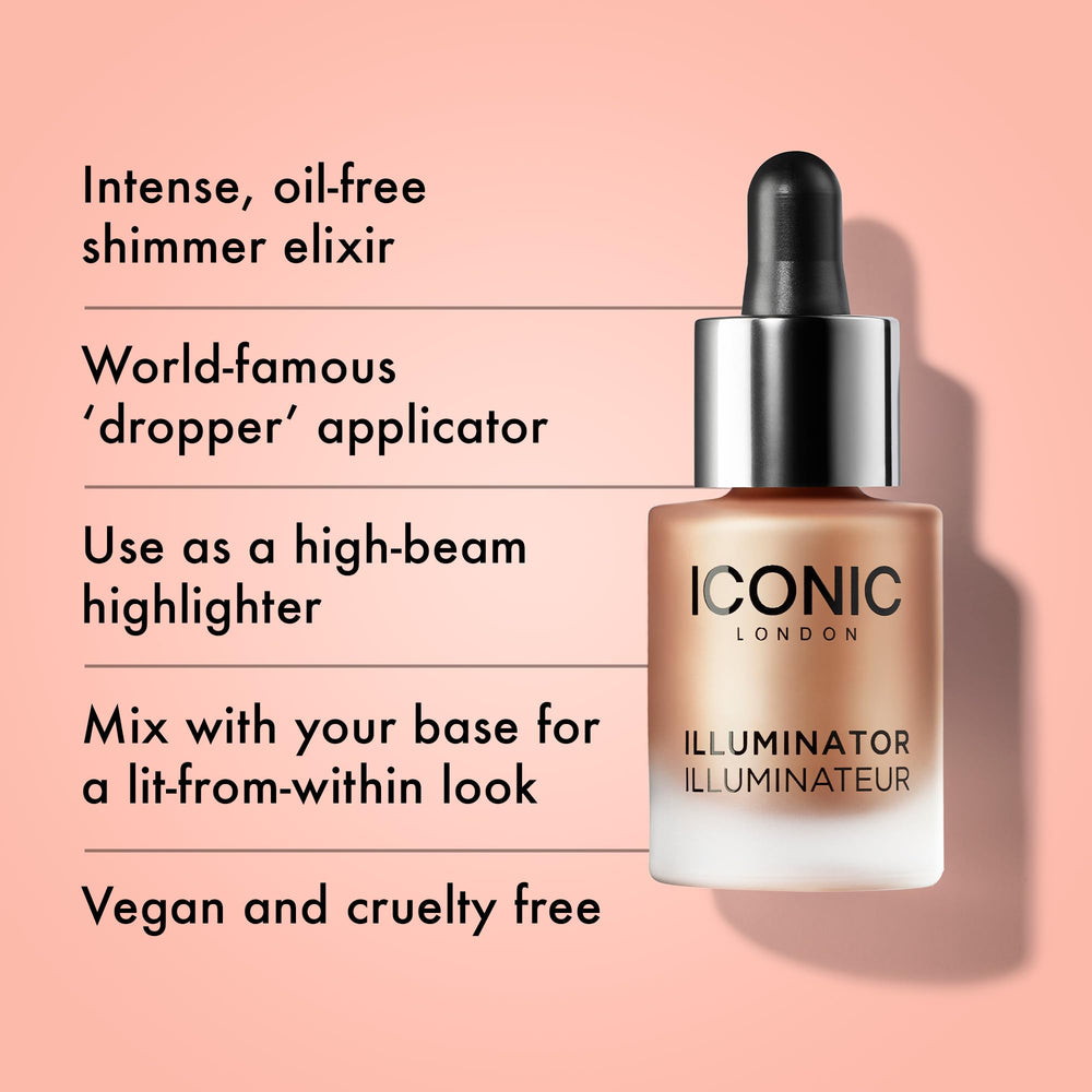 ICONIC LONDON Illuminator flacon champagne offre brillance polyvalente.