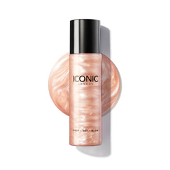Iconic London Prep-Set-Glow, bouteille-pulvérisateur, hydratation légère et éclat subtil.