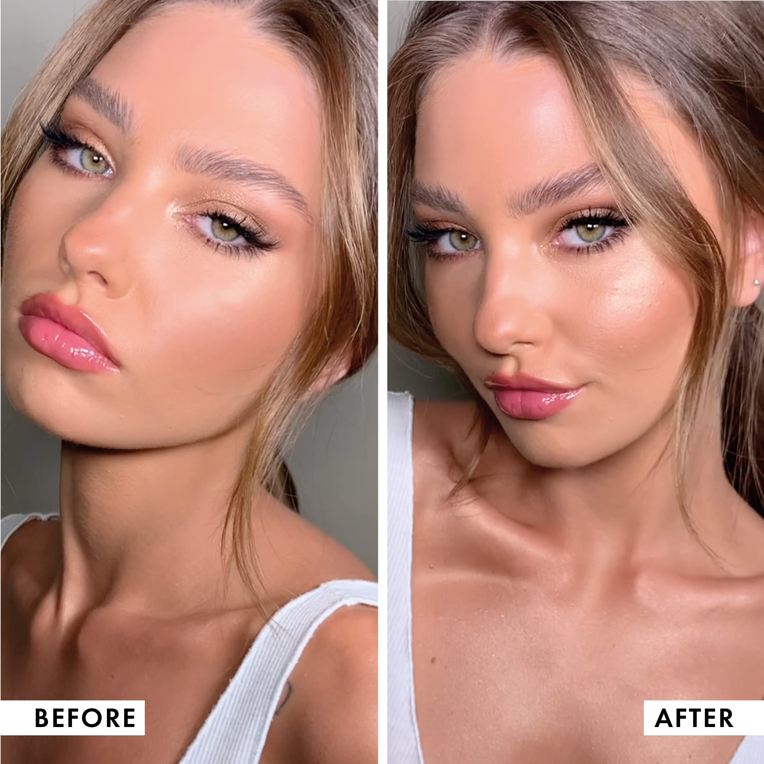 Iconic London Prep-Set-Glow, flacon-brume, gloss naturel sur peau nue.