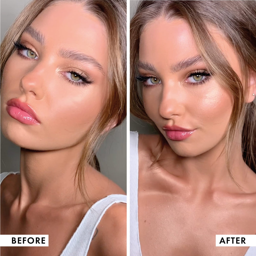 Iconic London Prep-Set-Glow, flacon-brume, gloss naturel sur peau nue.