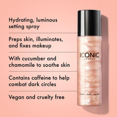 Iconic London Prep-Set-Glow, pulvérisation avant maquillage, peau prête et éclat lumineux.