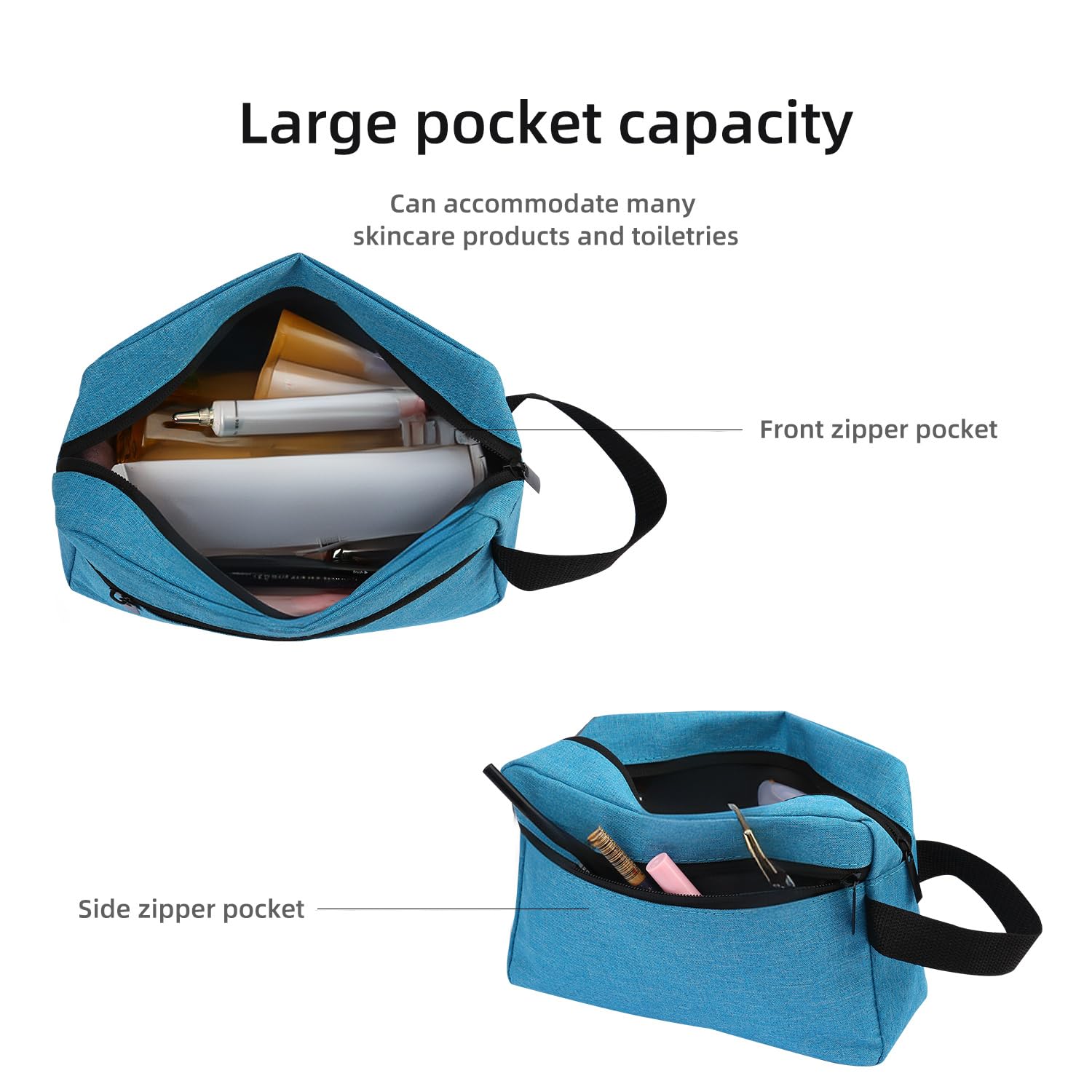 Icramsy bolso de aseo azul lago, bolsillo lateral con cremallera para objetos pequeños.