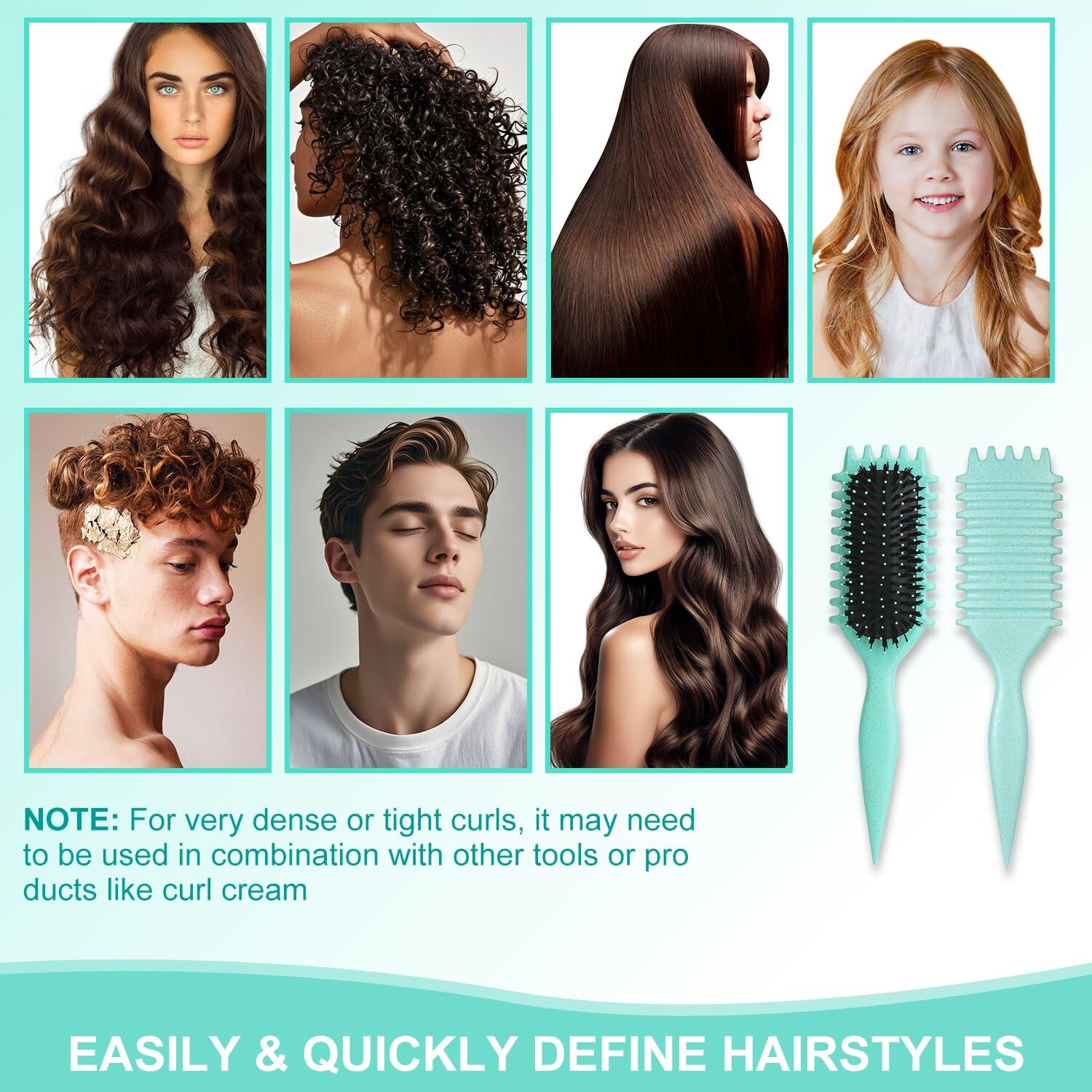 iDAOLI Cepillo Definidor de Rizos verde, dientes uniformes para dividir el cabello suavemente.
