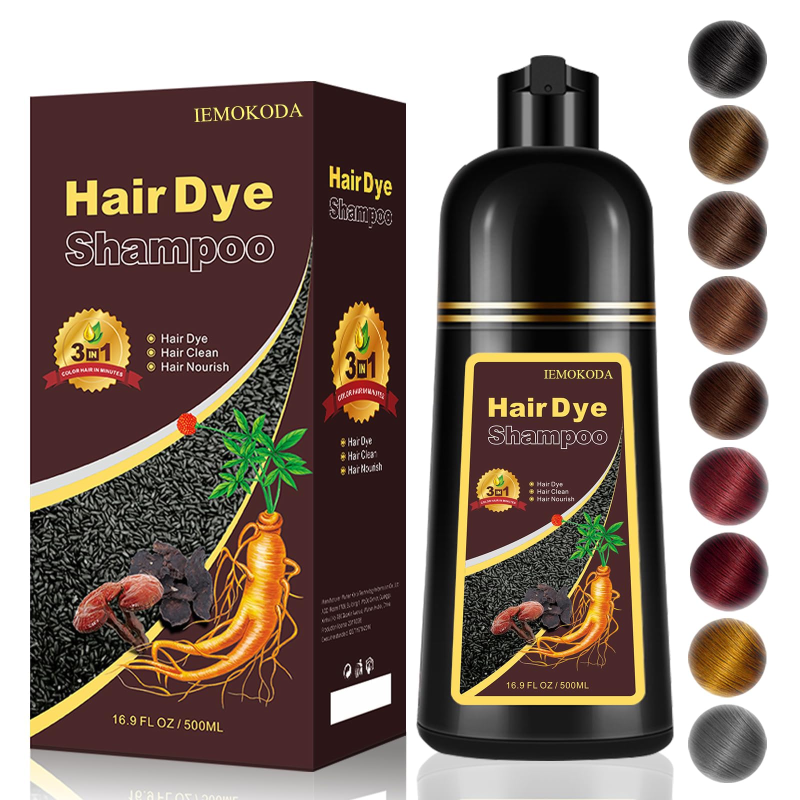 iemokoda botella de tinte café oscuro para cabello, cobertura rápida y uniforme de canas.
