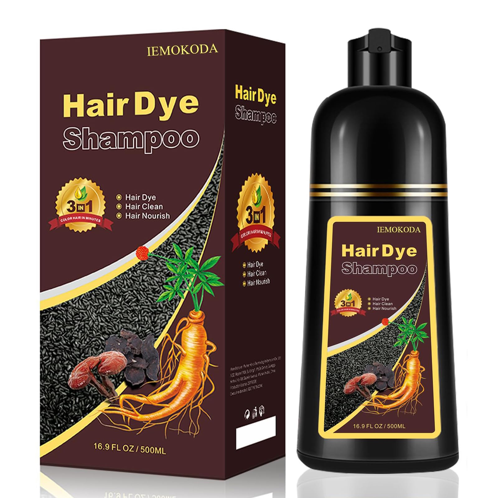 iemokoda shampoo colorant 3 en 1 — bouteille visible, couleur rapide et naturelle