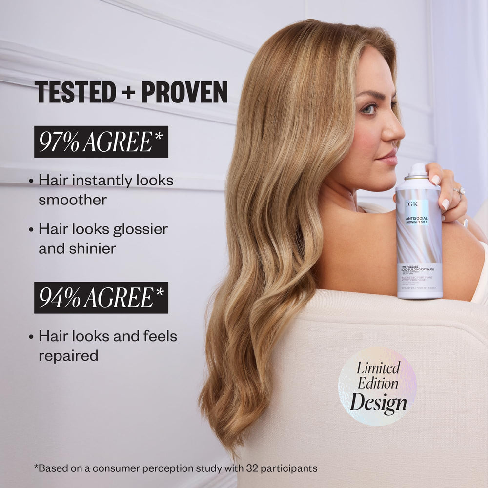 IGK Antisocial Midnight Silk, proteína de seda vegana para protección y suavidad.