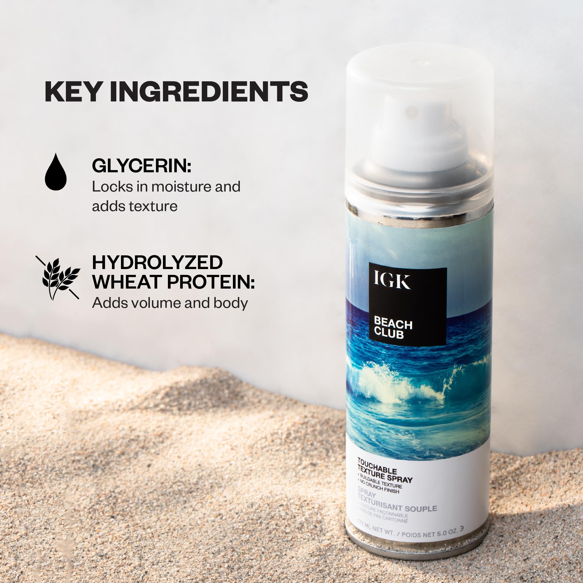 IGK Beach Club Texture Spray aporta brillo suave y natural.