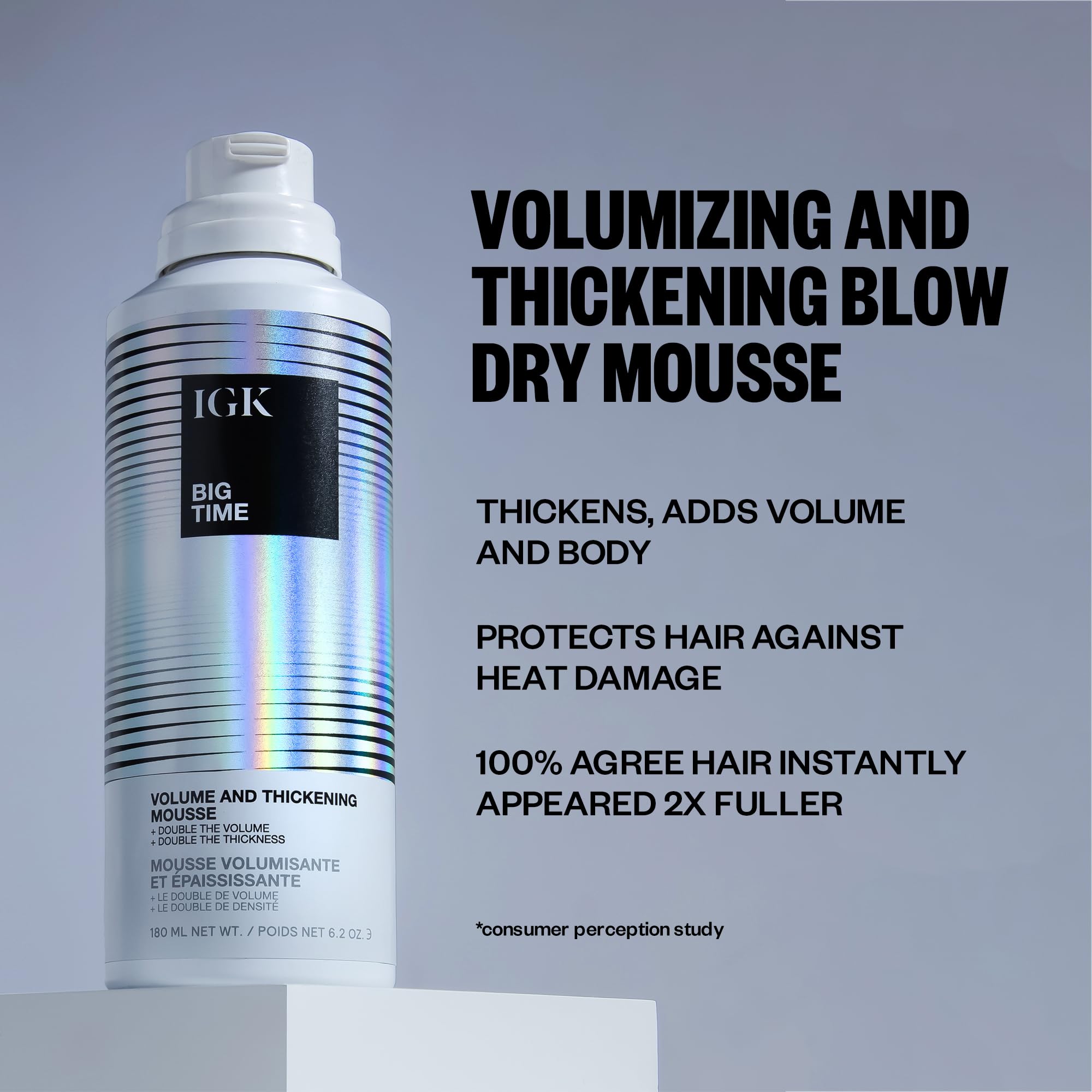 IGK Big Time Mousse: application manuelle pour volume durable sans lourdeur.