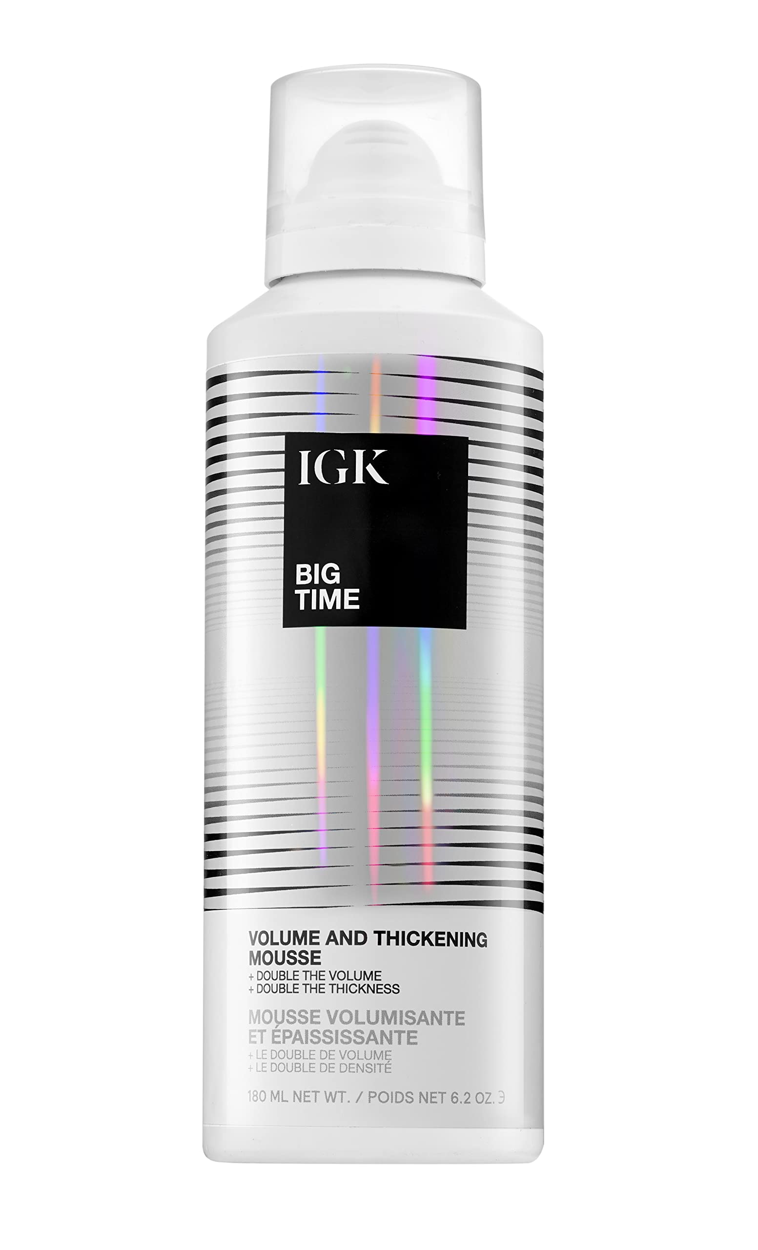 IGK Big Time Mousse: flacon montrant volume léger pour cheveux plus denses.